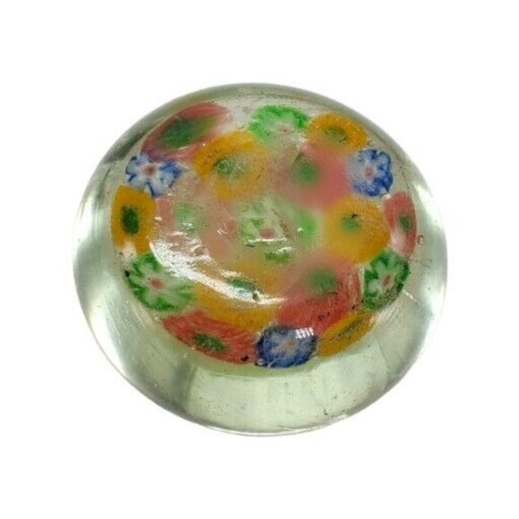 Vintage Art Glass Millefiore Paperwight Retro Flower Orange Yellow Green Blue 2" - Picture 9 of 14